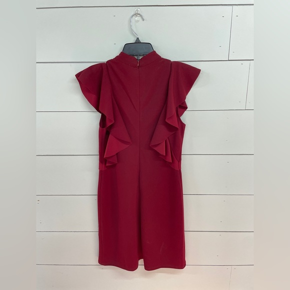 She + Sky Red Wine Dress Flair Ruffle Sleeves - Picture 4 of 7